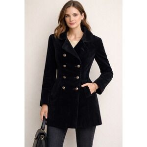 J. Crew Black Velvet Double‎ Breasted Long Coat Military Vintage Size 4